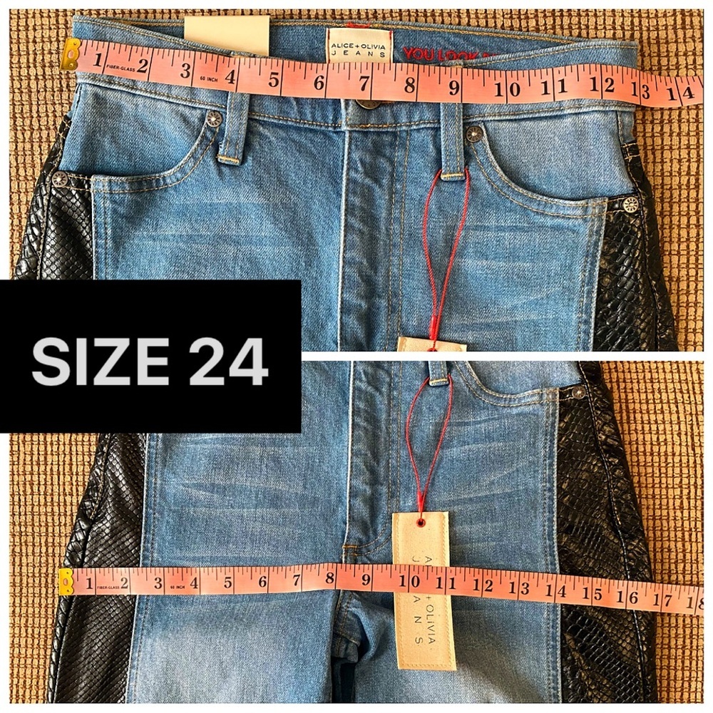Alice + Olivia Max Vegan Leather Denim Jeans Combo Wide Leg Blue Black Pant - Picture 9 of 17